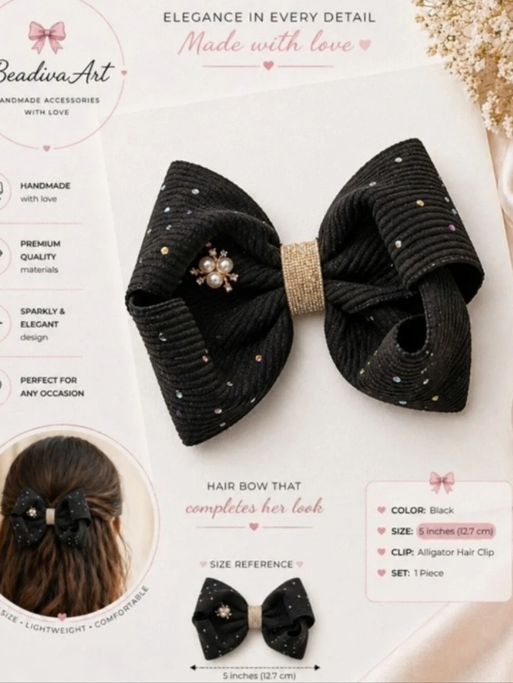 ⭐Handmade Bow Black Boutique Hair Bow with Pearl Cluster